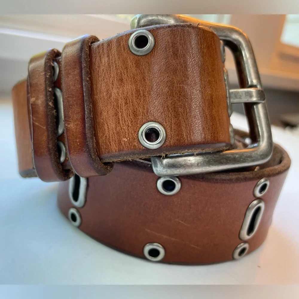 Fossil brown and silver cutout genuine leather belt boho size large